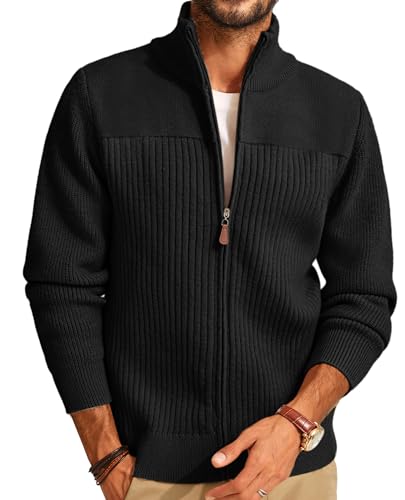 PJ PAUL JONES Men's Full Zipper Cardigan Casual Stand Collar Cardigan Sweater Ribbed Knit Long Sleeve Sweater