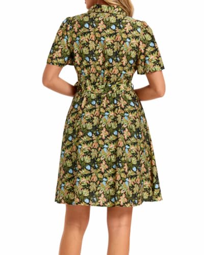 Image of Women Long Sleeve Spring Button Down A-Line Floral Print Summer Cocktail Shirt Dresses with Belt