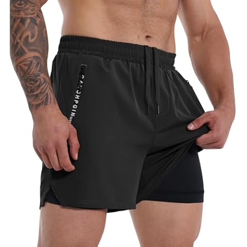 CANGHPGIN Mens 2 in 1 Workout Shorts Quick Dry Gym Running Shorts Men Sports Exercise Athletic Shorts with Liner Black/Black Cover