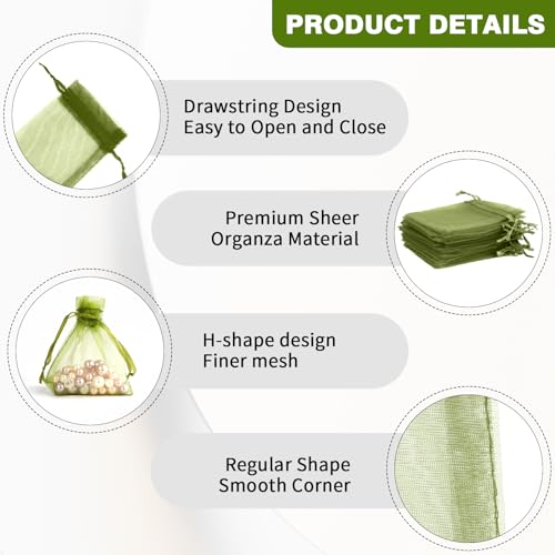 Image of BOEIAC 100 Pcs Sheer Small Drawstrin Organza Bags, Army Green 3 x 4 inch Jewelry Gift Mesh Party Wedding Favor Mini Candy Bags for Weddings Birthday Party Favors