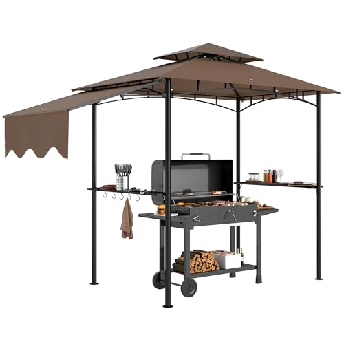 Outsunny 8' x 5' Grill Gazebo, Double Tiered Outdoor BBQ Gazebo with Side Awning, 2 Side Shelves and 6 Hooks for Patio, Deck, Yard, Brown