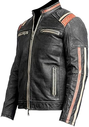 Image of Men's Leather Jacket Cafe Racer Biker Style Retro Stripes Jacket, Motorcycle Racing Leather Jacket (US, Alpha, 3X-Large, Regular, Regular, S6) Distressed Retro 3 Jacket