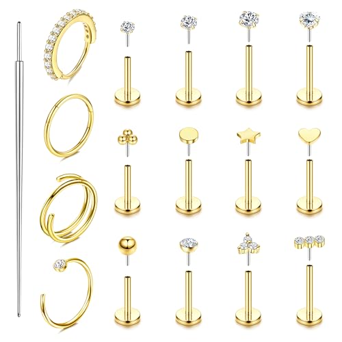 KRFY 16Pièces Piercing Nez Anneaux Acier Chirurgical Piercing Oreille Tragus Helix Labret Septum Conch Hypoallergénique 20G Ensemble Boucle D'oreille Femme Or