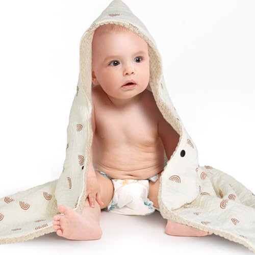 Image of Organic Cotton Baby Bath Towel with Ultra Soft Muslin and Absorbent Flannel Lining Hooded Baby Towel, Breathable, and Perfect for Boys and Girls, (30x30 inches, Rainbow Pattern)