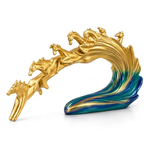 Image of eCraftIndia Golden Running Horse Family Showpiece for Home Decor | Abstract Horse Sculpture with Blue Wave Base | Decorative Figurine for Living Room, Office Table & Gifting