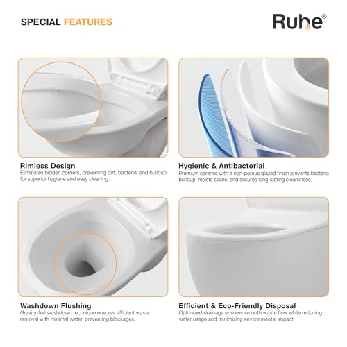 Image of Ruhe Aura Wall-Hung Rimless Western Commode with Washdown Flushing System | P-Trap | 19.6 x 13.5 x 14.5 inches | Ceramic White Glossy Finish, Space-Saving Design | Includes Soft-Close Seat Cover