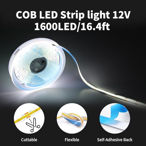 ShineBurky 5M COB LED Strip Lights, White 6000K High Bright Cuttable Tape Light with Plug - Image 4