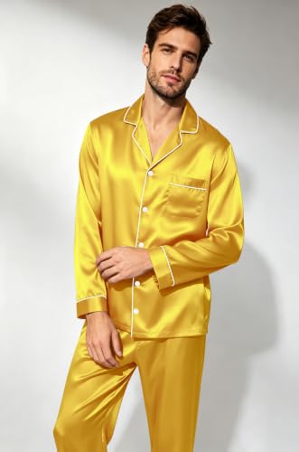 Image of SWOMOG Mens Silk Satin Pajamas Set Long Sleeve Sleepwear Button-Down Pj Two-piece Loungewear with Long Pants S-XXL
