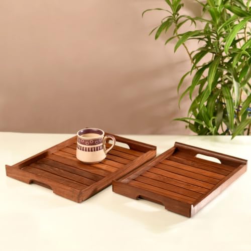 Image of Aakriti Art Creations Handcrafted Sheesham Wood Serving Tray Set of 2 for Dining Table | Wooden Tea & Snack Serving Trays | Kitchen Accessories | Indian Handicraft | Brown