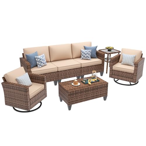 Image of UDPATIO Patio Furniture Set, 5 Pieces Outdoor Conversation Sets with Rocking Swivel Chairs, Wicker Rattan Outdoor Sofa Set with Storage Table and Waterproof Covers for Backyard, Deck, Porch, Khaki
