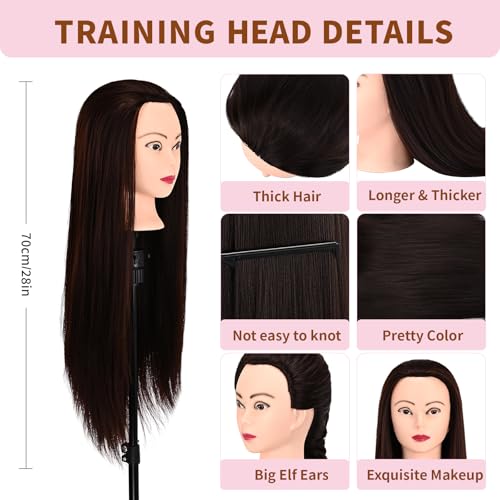 2834 mannequin head with hair cosmetology manikin practice braiding doll head for hair styling training head for braiding hairdressing with free wig head stand hair styling tools set dark brown