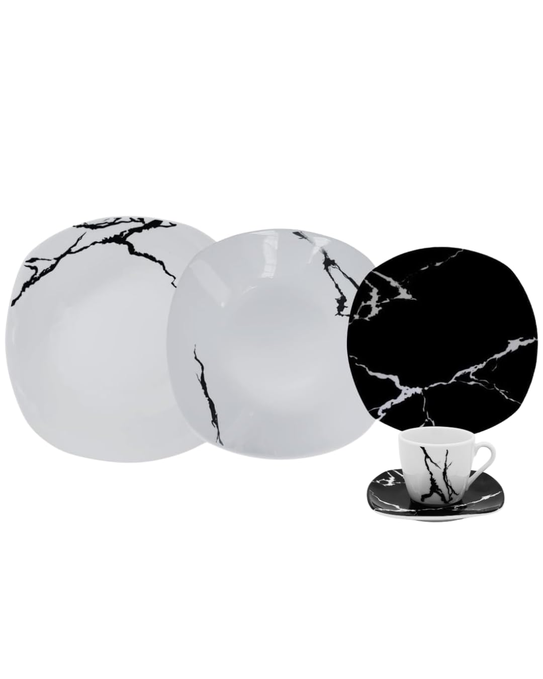 Servizio di Piatti in Porcellana Resistente, Set 31 Pezzi per 6 Persone, Design Marmorizzato Colore Bianco e Nero con Tazzine da Caffè, Lavabile in lavastoviglie, Idea Regalo