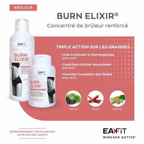 EAFIT MINCEUR - Burn Elixir - Bruleur de graisse puissant - Oxydation des Graisses - Cafeine - Piment - Poivre noir - Chrome - Choline - Thé vert - Adapté au sport - Marque Française - Végétarien - 90 Gélules – Image 4