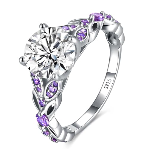 925 Sterling Silver Birthstone Ring for Women, Butterfly Created Amethyst/Emerald Cubic Zirconia Engagement Band, Promise Wedding White Gold Plated Rings for Anniversary Birthday, Size 6-10