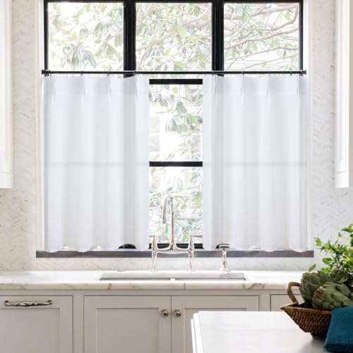 Lino Rosa Pinch Pleat Back Tab White Kitchen Curtains Linen Textured Short Linen Curtains for Small Window Bathroom 24x 36 Inches - Image 6