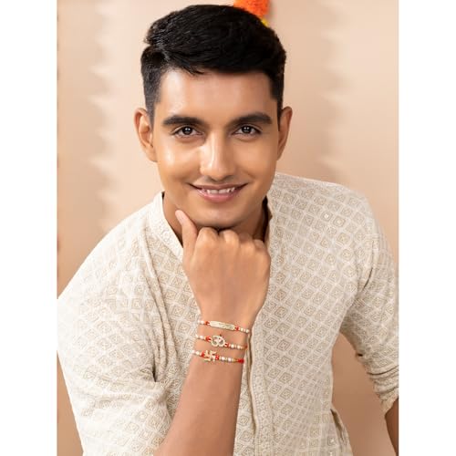 Image of Peora Om Shree Ram Swastik Rakhi for Brother Bhaiya | Crystal & Beads Studded | Red Thread | Raksha Bandhan Hamper with Roli Chawal Greeting Card