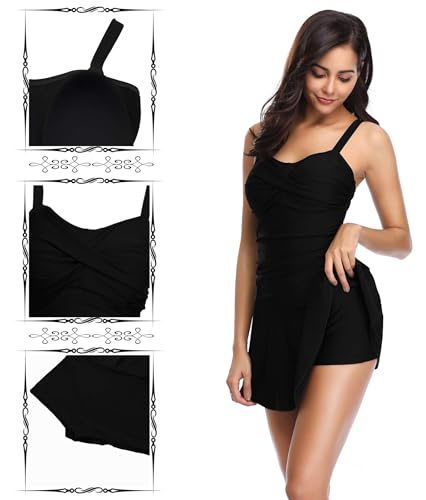 SHEKINI Women's Crossover Ruched Skirt One Piece Swimdress Swimsuit Bathing Suit2