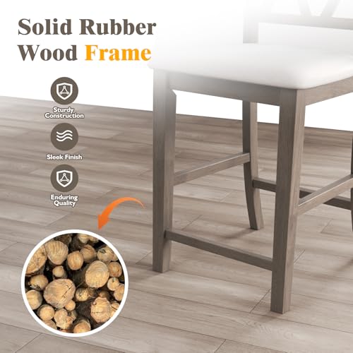 Juego de 2 taburetes de bar de madera Giantex, altura de mostrador de 24 pulgadas, con respaldo cruzado y asiento tapizado en tela de lino, estilo moderno y rústico para isla de cocina, bar en casa y comedor, gris y blanco miniatura 4