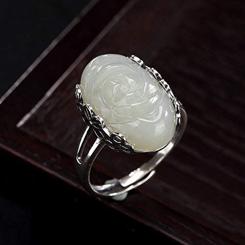 Bague en argent S925 et jade de Hetian ajustable pour femme