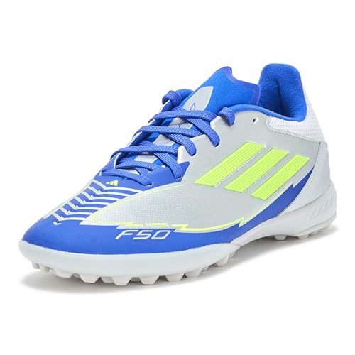 adidas Unisex F50 League Messi Turf Sneaker, Silver Metallic/Solar Yellow/Lucid Blue, 10 US Men