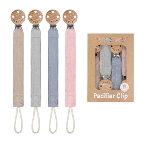 Image of TYRY.HU Ribbon Pacifier Clip Holder,4 Pack Binky Paci Holder Clips, Pacifier Leash for Boys and Girls,Fabric Pacifier Strap Universal Fits for Most Pacifier, Styles & Teethers(Khaki,Grey,Blue,Pink)