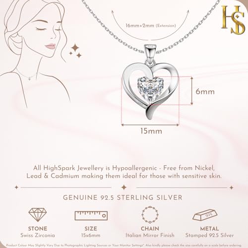 Image of HighSpark 925 Silver Solitaire Heart Pendant | 92.5 Sterling Silver & Diamond-Like Brilliance Sparkling Zirconia | Lovely Gift