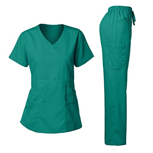 Dagacci Medical Uniform Women's Scrubs Set Stretch Ultra Soft Y-Neck Wrap Top and Pants Teal Green S