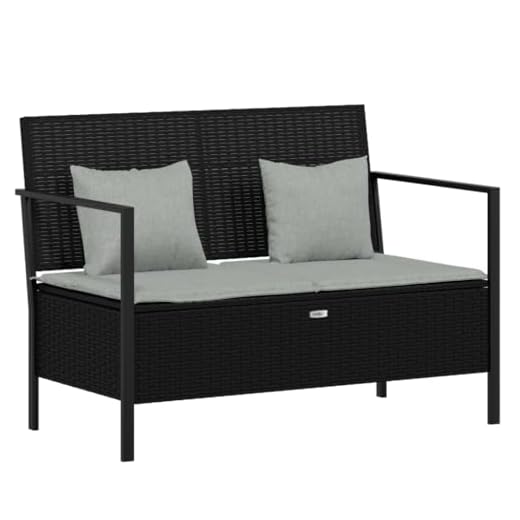 vidaXL Banc de Jardin à 2 Places avec Coussins Noir Résine Tressée, siège de Jardin, Banc d'extérieur, Banc de Rangement de Jardin, Banc de Rangement