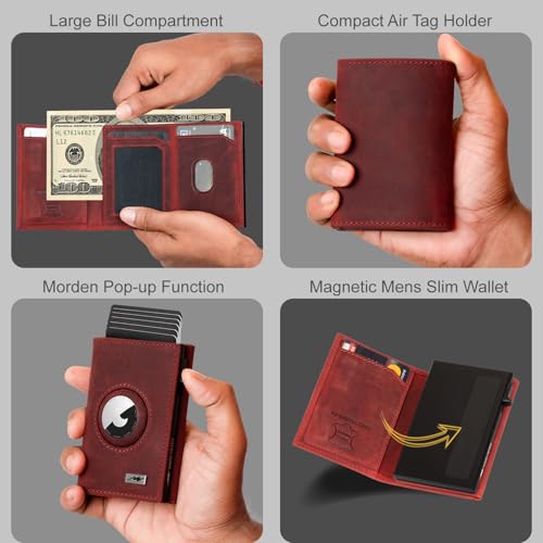 Image of AirTag Wallet - Full Grain Leather, Mens Minimalist Wallet with Apple Air Tag Holder, Slim Smart Pop up Card Case, ID Window, RFID Blocking Wallet for Men and Woman Red Crazy Horse