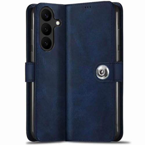 Image of TheGiftKart Flip Cover Back Case for Samsung Galaxy S26 FE 5G | Genuine Leather Finish | Designer Button | Inbuilt Pockets & Stand | Wallet Style Flip Back Cover Case (Faux Leather, Blue)