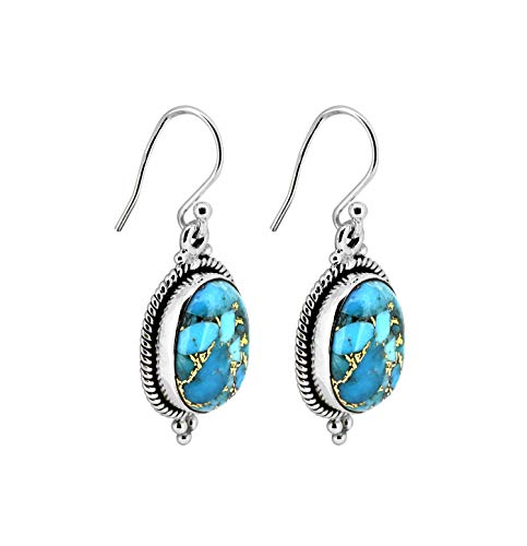 Yotreasure Blue Copper Turquoise Dangle Earrings Solid 925 Sterling Silver Oval Shaped Jewelry #TOP4