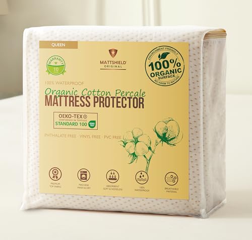 Deluxe Cooling Organic Percale Mattress Protector Queen Size - 100% Waterproof - Naturally Cooling for Hot Sleepers - OCS Certified 280GSM 3D Air-Knit Breathable Mattress Pad - Noiseless Deep Pocket