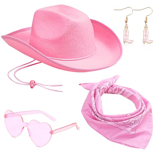 FCXVXCL Chapeau de Cowgirl, Chapeaux Cowboy Plume, Cowgirl Hat Avec lunettes et Rose Bandana pour Cosplay, Déguisement, Fête 4pcs