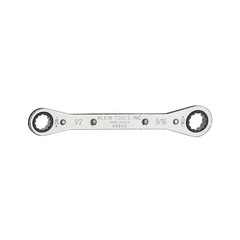 KLEIN TOOLS 68202 Ratcheting Box Wrench, Made in USA, 1/2-Inch x 9/16-Inch with Reverse Ratcheting and Chrome Plated Finish