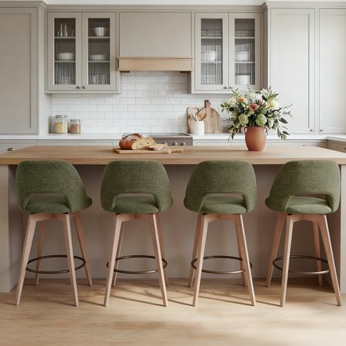 Image of Zesthouse Swivel Farmhouse Bar Stools Set of 2, 26 inch Modern Counter Stools with Open Back & Natural Wood Legs, Upholstered Linen Fabric Counter Height Barstools, High Chairs for Island Kitchen, Green