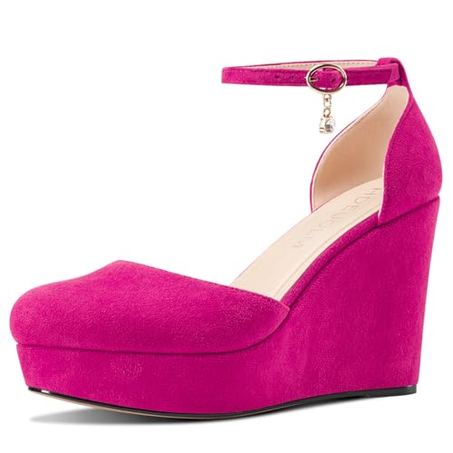 HDEUOLM Womens Wedges Platform Heel Round Toe Pumps Ankle Strap Two-Piece Casual Basic Classic 3.9 Inches Heels