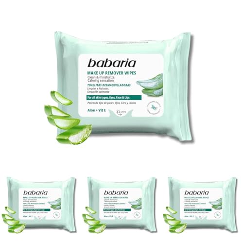 Babaria – Toallitas Desmaquillantes Aloe Vera – 25 Uds, Blanco (Paquete de 4)