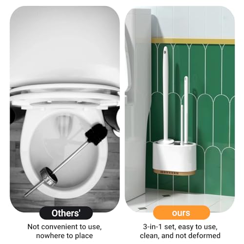 Image of Toilet Bowl Brush and Holder,3 in 1 Silicone Toilet Brush Toilet Cleaner Brush for Bathroom Cleaning White Bathroom Accessories Floor Standing or Wall Mounted Toilet Scrubber Brush