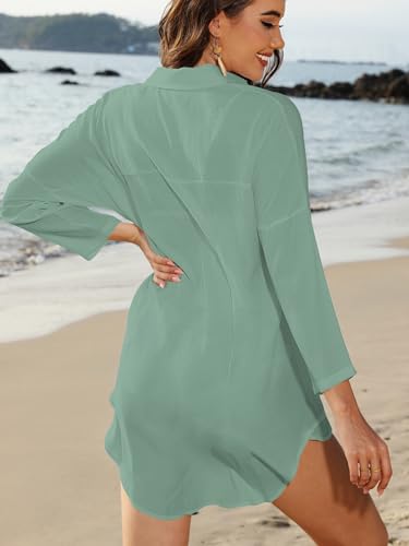Image of POGTMM Women's Swimsuit Cover Up 3 /4 Sleeve Button Down Shirt Dress
