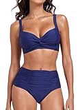 Women's Bikini Sets Twist-Front V Neckline High Waisted Tummy Control Two Piece Swimsuit Swimming Costumes Navy Blue,L