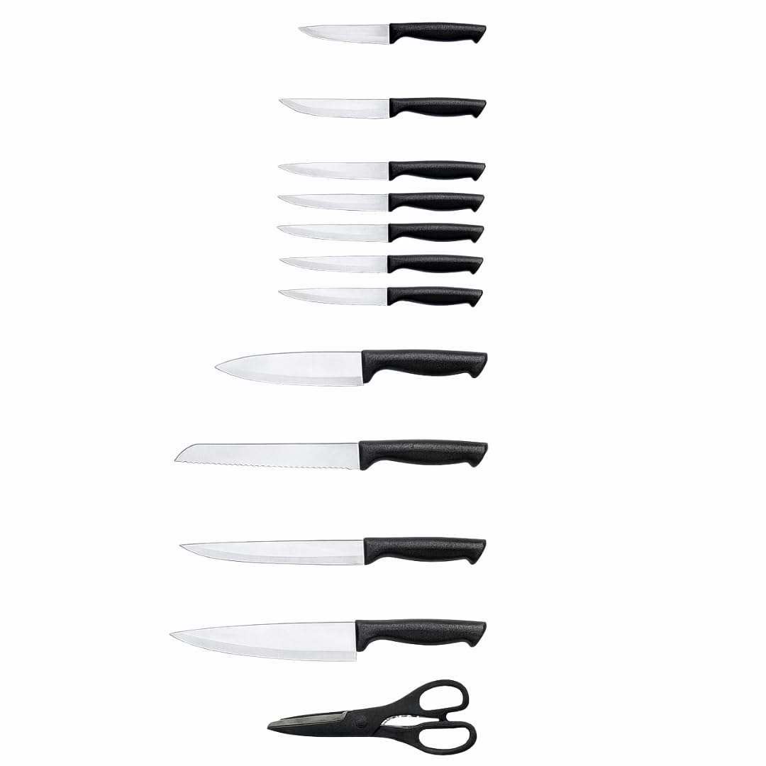 PARENCE.- Juego de cuchillos de cocina de 14 piezas con bloque de madera - hojas de acero inoxidable revestido de negro, cuchillo de chef, pan, bistec + tijeras