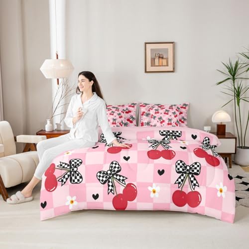 Image of 7 Pcs Bow Cherry Queen Bedding Sets Pink Plaid Cartoon Daisy Hearts Comforter Set Red Cherry Fruit Girly Dreamy All Season Comforter Flat Sheet Fitted Sheet 2 Pillowcases 2 Throw Pillow Covers