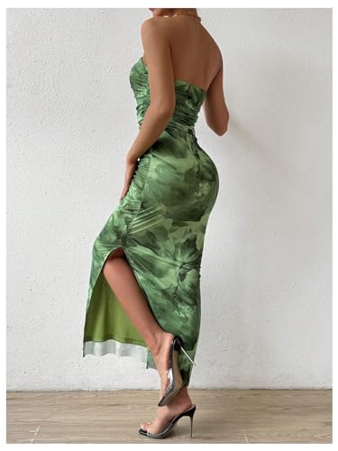 Image of Milumia Women's Printed Strapless Tube Top Maxi Dress Slit Hem Sleeveless Bodycon Wedding Guest Party Long Dresses Olive Green X-Large