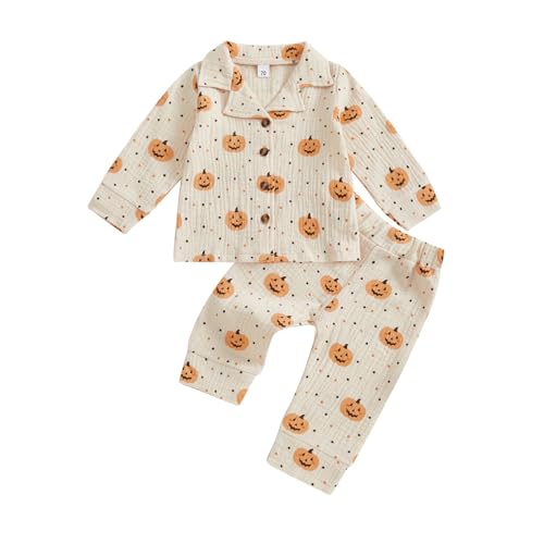 fyclemt Toddler Baby Girl Boy Halloween Pajamas Pumpkin Cotton Linen Long Sleeve Button Down Shirts Pants Kids Sleepwear Pjs