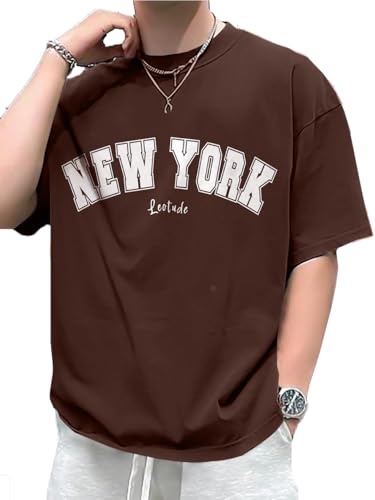 Image of LEOTUDE Casual Half Sleeve Cottonblend Printed Round Neck Drop Shoulder Oversized Tshirt for Man (Color Brown)