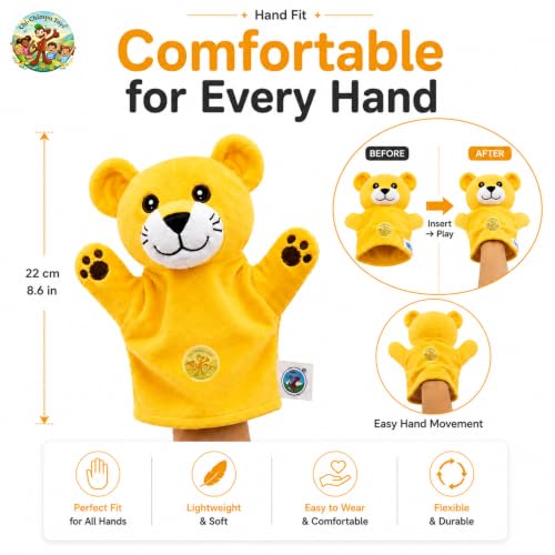 Image of Yellow Lion Hand Puppet for Kids, Soft Plush Animal Puppet, Storytelling Puppet for Preschool, Classroom Learning Toy, Interactive Educational Toy, Role Play Gift for Boys & Girls,