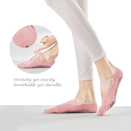 Image of Yoga Socks for Women Non-Slip Grips & Straps, Ideal for Pilates,Five Toes Socks,Soft Breathable Sweat-absorbent Deodorant Anti-friction