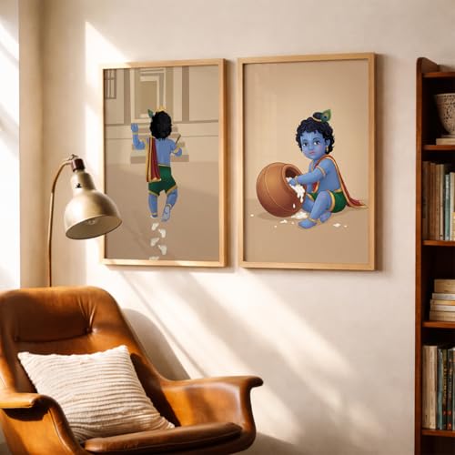 Image of TheMakerly Traditional Indian Wall Painting Set of 2 | Radha Krishna Wall Art Frames | Vintage Religious Wall Decor for Living Room Bedroom Home Temple (KR01, 13x19 inches)