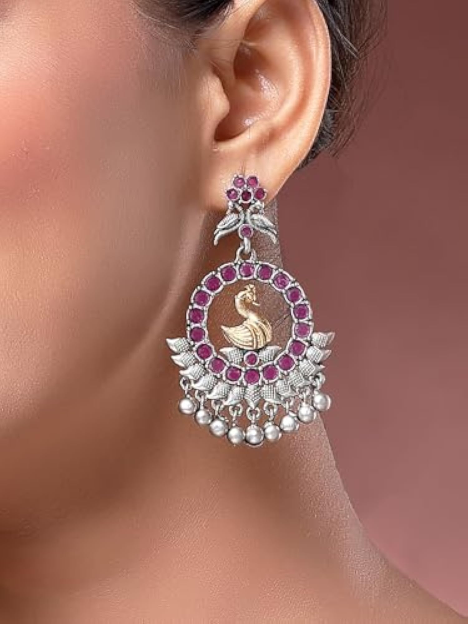 Antique Silver Plated Peacock Tribal Drop Earrings for Women