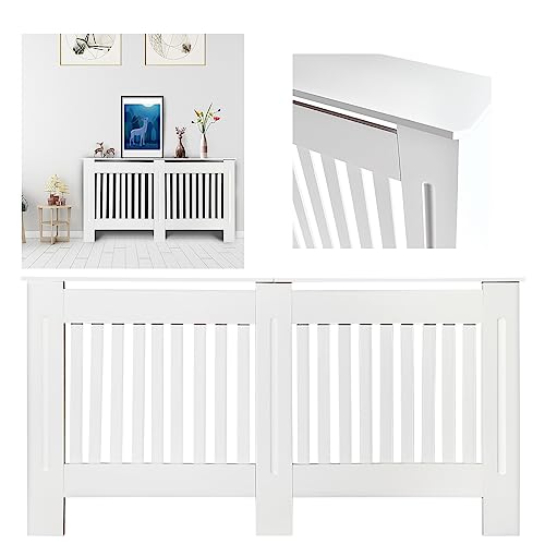 Cubierta de radiador de estilo vertical, para montar en la pared, madera MDF, color blanco mate, con listones, para sala de estar, dormitorio, cocina, pasillo, grande, 152 cm